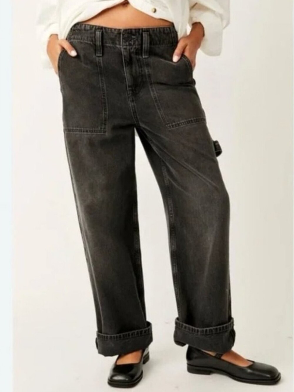 Free People We The Free Major Leagues Cargo Jeans Black Relaxed Straight Size 28
